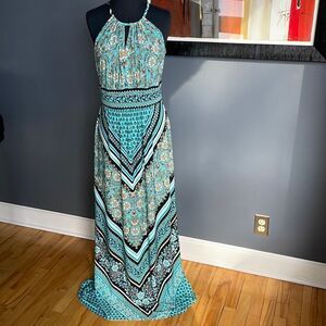 London Style Collection aqua/black/white/tan print stretch halter maxi. Small.